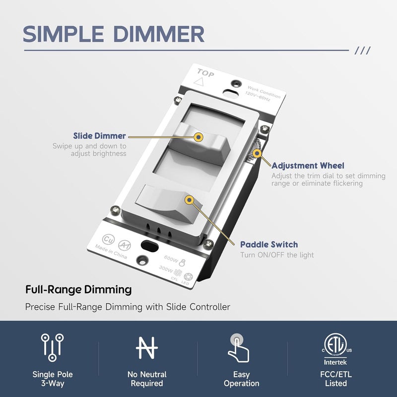 ECOELER Dimmer Light Switch, 3-Way/Single Pole Dimmer Switch for 300W Dimmable LED/CFL Lights and 600W INC/HAL Bulbs, No Neutral Wire Required, ETL&FCC Listed, White, 2 Pack - Image 2